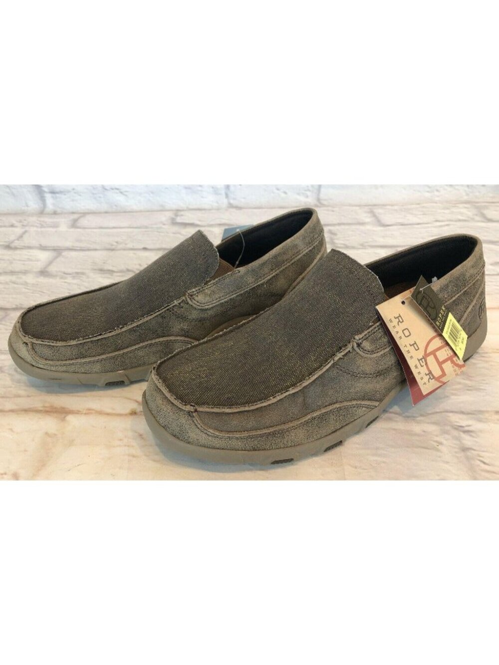 Roper Mens 8 Charlie Canvas Leather Driving Mocs Brown Slip On Shoes NWT